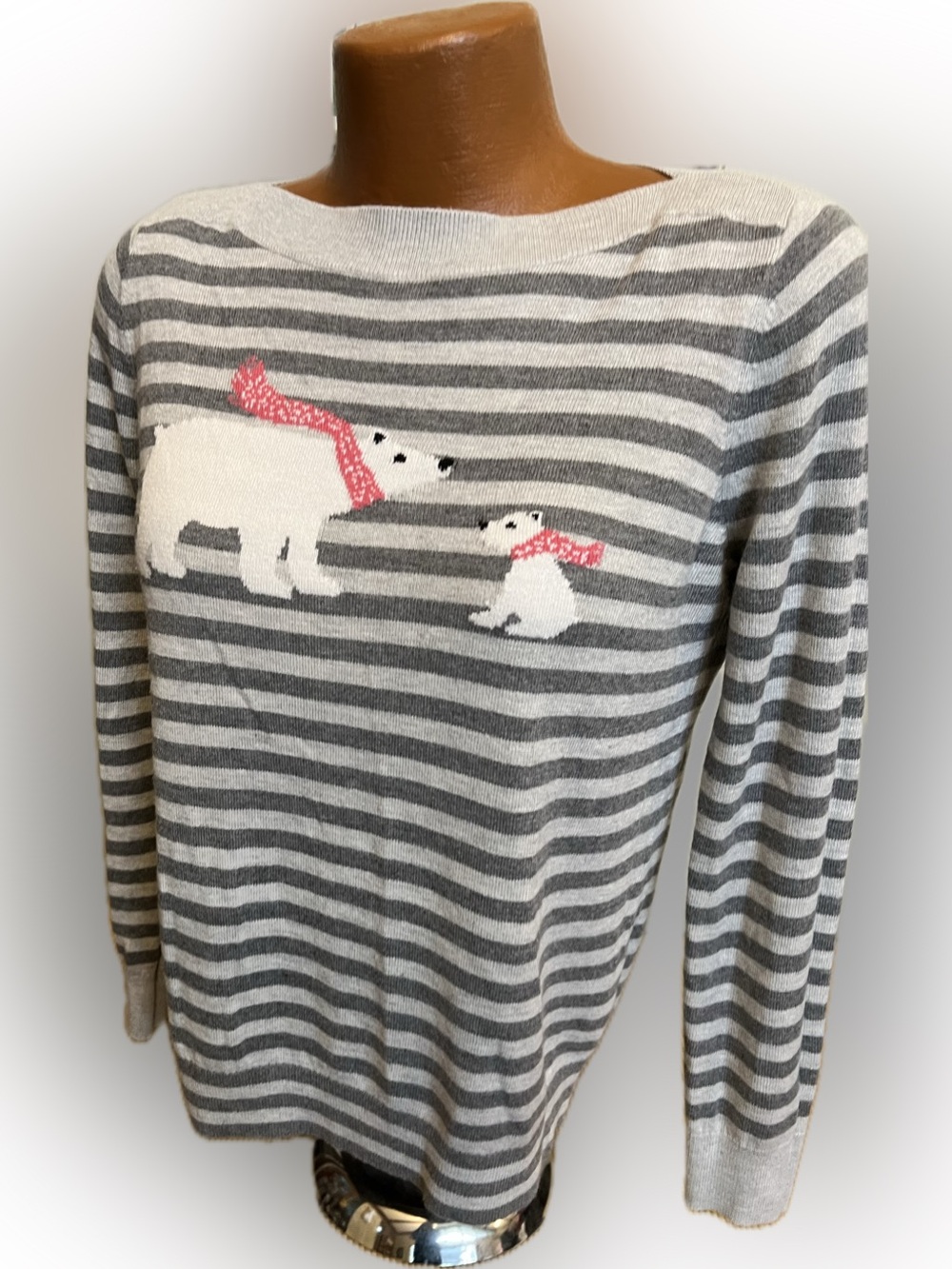 Loft soft lightweight polar bear pullover sweater striped grays L boatneck